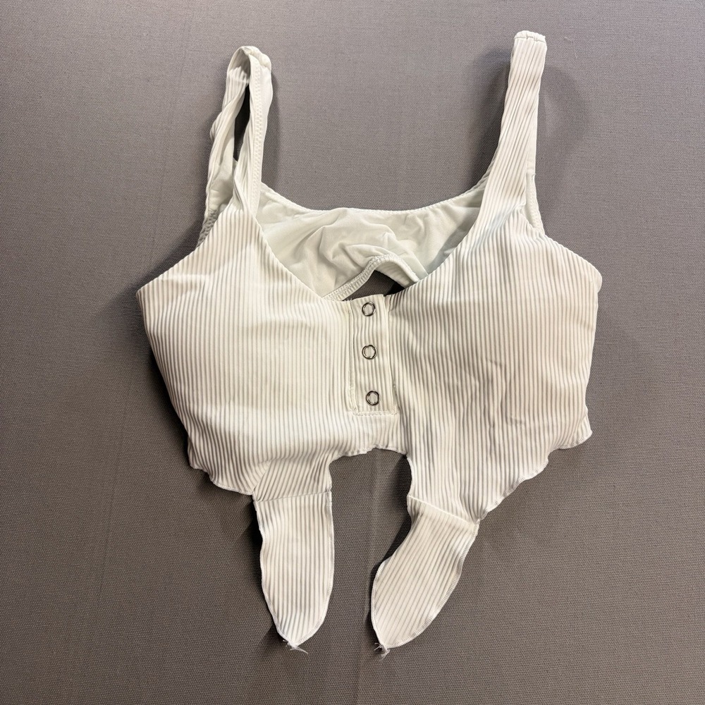 Body Glove Womens S White Ribbed Bikini Top Y2K Snap Front Cutout Swim